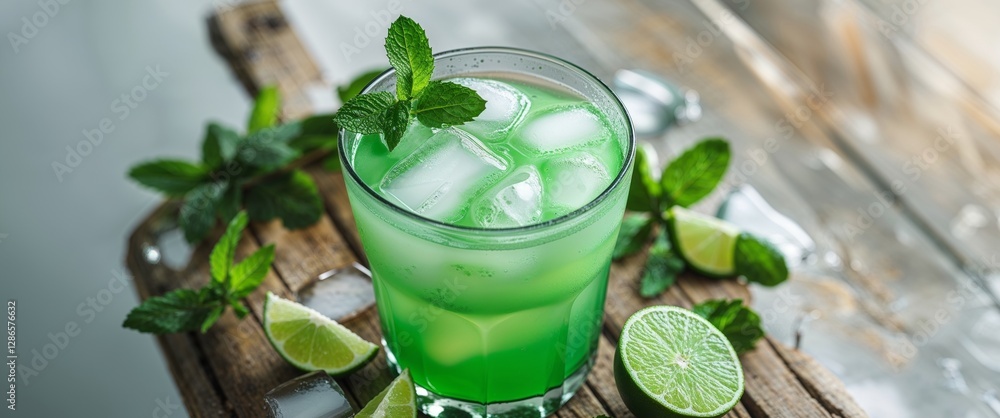 Refreshing green iced drink on wooden table with ingredients Refreshing green iced drink on wooden table with ingredients