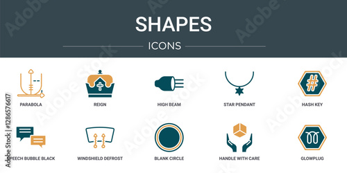 set of 10 outline web shapes icons such as parabola, reign, high beam, star pendant, hash key, speech bubble black, windshield defrost vector icons for report, presentation, diagram, web design,