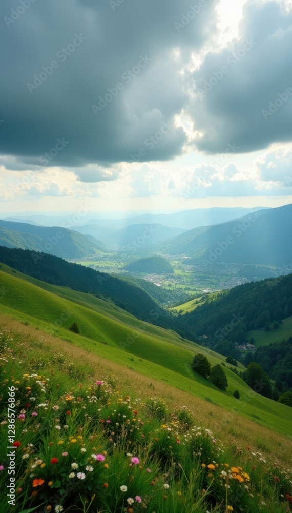 Fototapeta premium Rolling hills under heavy clouds, scenic vista, clouds, landscape