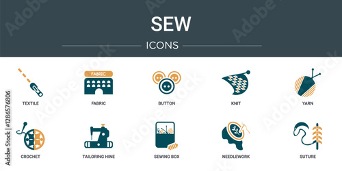 set of 10 outline web sew icons such as textile, fabric, button, knit, yarn, crochet, tailoring hine vector icons for report, presentation, diagram, web design, mobile app