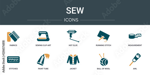set of 10 outline web sew icons such as fabrics, sewing clip art, hot glue, running stitch, measurement, stitches, paint tube vector icons for report, presentation, diagram, web design, mobile app