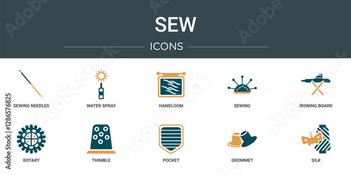 set of 10 outline web sew icons such as sewing needles, water spray, handloom, sewing, ironing board, rotary, thimble vector icons for report, presentation, diagram, web design, mobile app