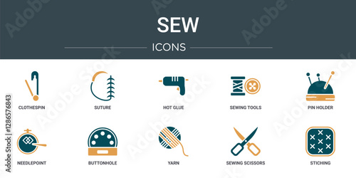 set of 10 outline web sew icons such as clothespin, suture, hot glue, sewing tools, pin holder, needlepoint, buttonhole vector icons for report, presentation, diagram, web design, mobile app