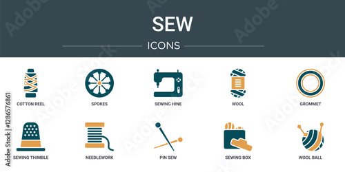 set of 10 outline web sew icons such as cotton reel, spokes, sewing hine, wool, grommet, sewing thimble, needlework vector icons for report, presentation, diagram, web design, mobile app