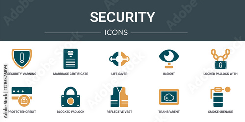 set of 10 outline web security icons such as security warning, marriage certificate, life saver, insight, locked padlock with chain, protected credit card, blocked padlock vector icons for report,