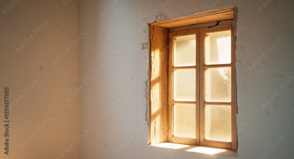 Fototapeta premium Sunlight streams across a wall illuminating the window and frame.