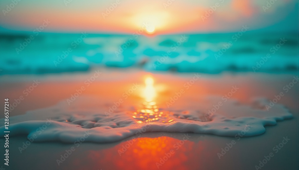 Fototapeta premium A warm, sun-kissed beach scene fades into inspirational quotes in the background, set against a vibrant turquoise and coral sunset gradient radiating optimism.