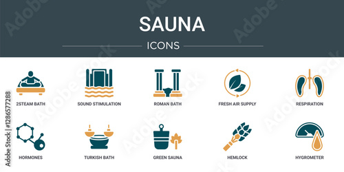 set of 10 outline web sauna icons such as 2steam bath, sound stimulation, roman bath, fresh air supply, respiration, hormones, turkish bath vector icons for report, presentation, diagram, web