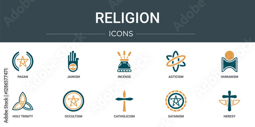 set of 10 outline web religion icons such as pagan, jainism, incense, agticism, humanism, holy trinity, occultism vector icons for report, presentation, diagram, web design, mobile app