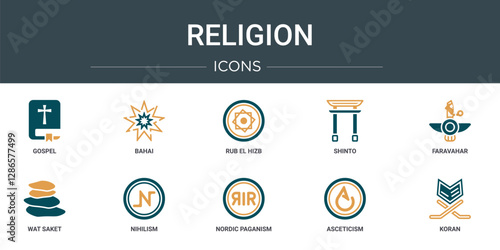 set of 10 outline web religion icons such as gospel, bahai, rub el hizb, shinto, faravahar, wat saket, nihilism vector icons for report, presentation, diagram, web design, mobile app
