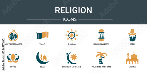 set of 10 outline web religion icons such as half pomegranate, tallit, dharma, islamic lantern, rabbi, lotus, islam vector icons for report, presentation, diagram, web design, mobile app