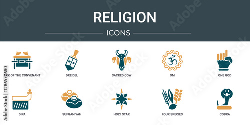 set of 10 outline web religion icons such as ark of the convenant, dreidel, sacred cow, om, one god, dipa, sufganiyah vector icons for report, presentation, diagram, web design, mobile app