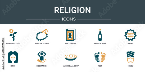 set of 10 outline web religion icons such as budding staff, muslim tasbih, holy quran, hebrew wine, halal, bindi, meditation vector icons for report, presentation, diagram, web design, mobile app