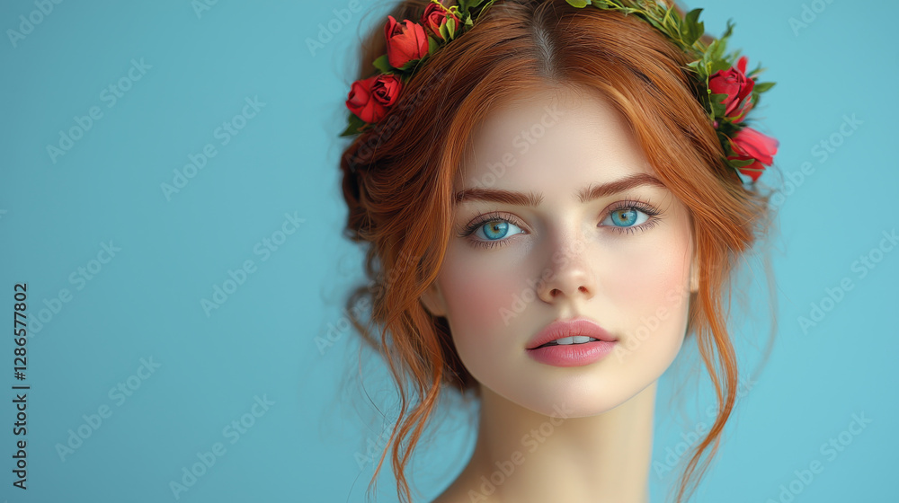 Portrait of young woman with red hair and floral crown, serene expression, blue background, showcasing beauty and elegance Portrait of young woman with red hair and floral crown, serene expression, blue background, showcasing beauty and elegance