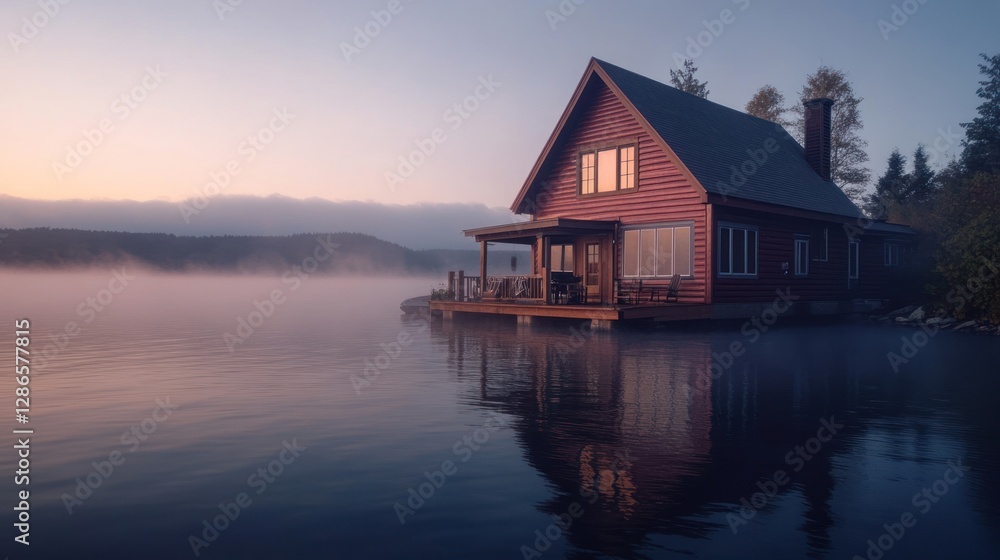 Lake House Cabin on Water in Morning Mist Landscape View Lake House Cabin on Water in Morning Mist Landscape View
