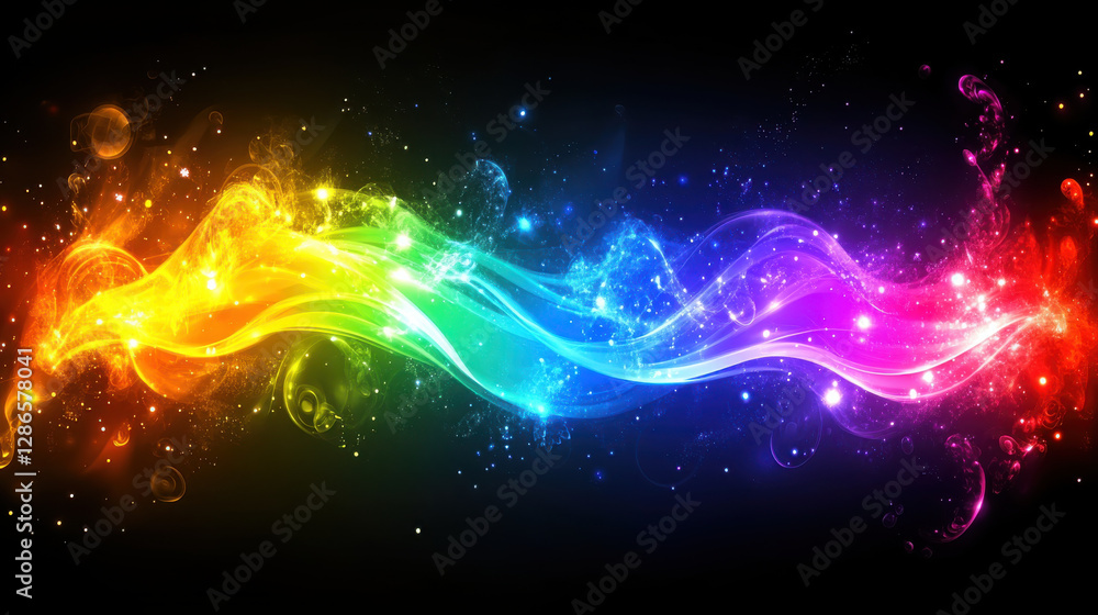 Fototapeta premium Colorful waves of light create magical rainbow effect on dark background, evoking sense of wonder and joy