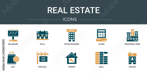 set of 10 outline web real estate icons such as billboard, villa, office building, plans, industrial park, buy, for sale vector icons for report, presentation, diagram, web design, mobile app