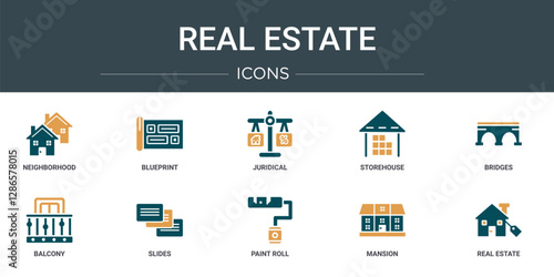 set of 10 outline web real estate icons such as neighborhood, blueprint, juridical, storehouse, bridges, balcony, slides vector icons for report, presentation, diagram, web design, mobile app