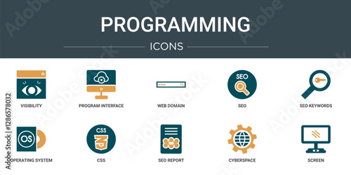 set of 10 outline web programming icons such as visibility, program interface, web domain, seo, seo keywords, operating system, css vector icons for report, presentation, diagram, web design, mobile