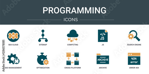 set of 10 outline web programming icons such as seo cloud, sitemap, computing, js, search engine, seo management, optimization vector icons for report, presentation, diagram, web design, mobile app