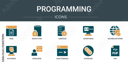 set of 10 outline web programming icons such as page, encryption, compiler, advertising, secured network, authorize, developer vector icons for report, presentation, diagram, web design, mobile app