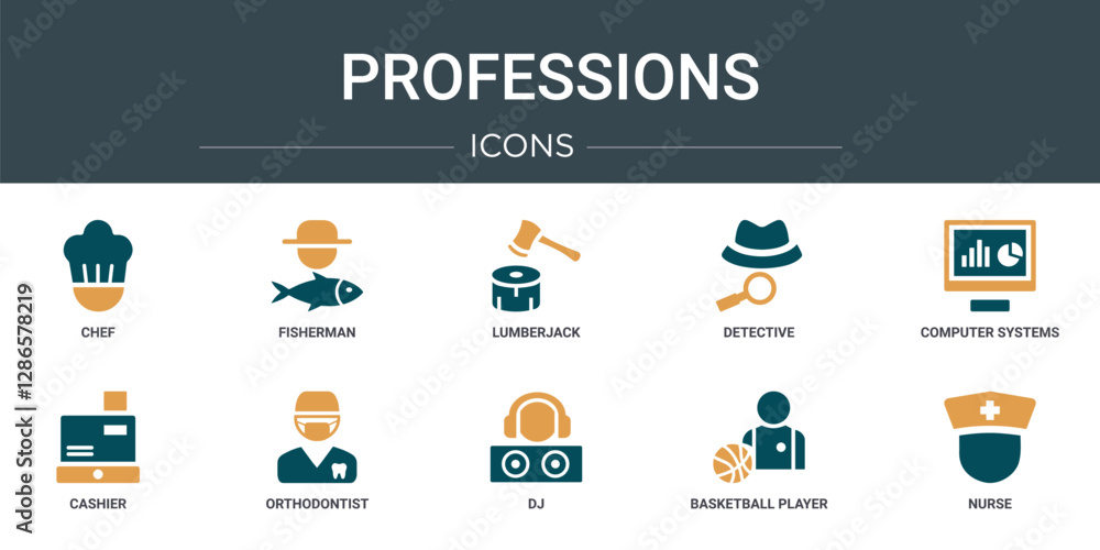 Obraz premium set of 10 outline web professions icons such as chef, fisherman, lumberjack, detective, computer systems analyst, cashier, orthodontist vector icons for report, presentation, diagram, web design,