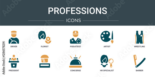 set of 10 outline web professions icons such as driver, florist, podiatrist, artist, wrestling, president,   vector icons for report, presentation, diagram, web design, mobile app