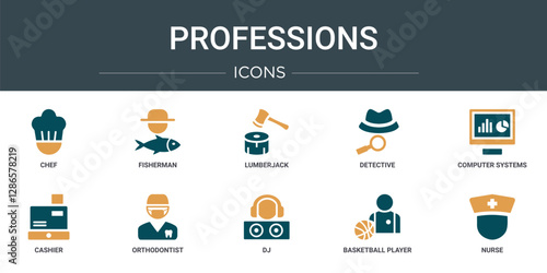 set of 10 outline web professions icons such as chef, fisherman, lumberjack, detective, computer systems analyst, cashier, orthodontist vector icons for report, presentation, diagram, web design,