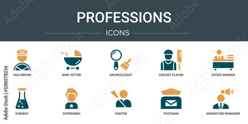 set of 10 outline web professions icons such as taxi driver, baby sitter, archeologist, cricket player, office worker, chemist, superhero vector icons for report, presentation, diagram, web design,