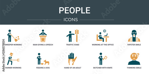 set of 10 outline web people icons such as sweeper working, man giving a speech, traffic hand, working at the office, hipster smile, farmer working, feeding a dog vector icons for report,