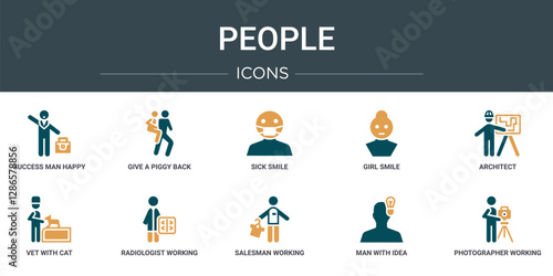 set of 10 outline web people icons such as success man happy, give a piggy back ride, sick smile, girl smile, architect, vet with cat, radiologist working vector icons for report, presentation,