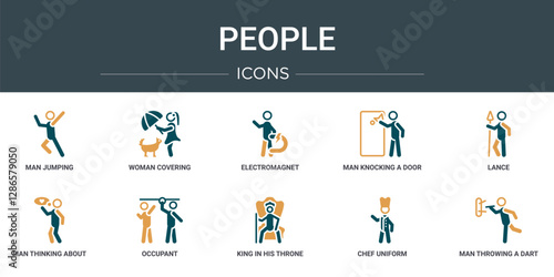 set of 10 outline web people icons such as man jumping, woman covering, electromagnet, man knocking a door, lance, man thinking about love, occupant vector icons for report, presentation, diagram,