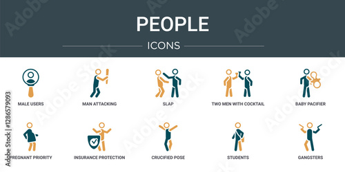 set of 10 outline web people icons such as male users, man attacking, slap, two men with cocktail glasses, baby pacifier, pregnant priority, insurance protection vector icons for report,