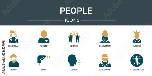 set of 10 outline web people icons such as colombian, pacient, friends, old woman, empress, beard, ruku vector icons for report, presentation, diagram, web design, mobile app