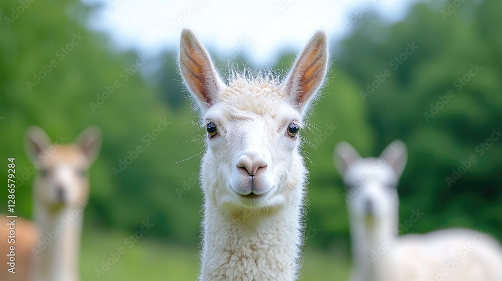 White alpaca stares, farm background, summer day, animal portrait White alpaca stares, farm background, summer day, animal portrait