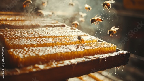 Captivating close-up of busy bees working diligently on honey cells in hive