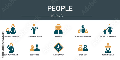 set of 10 outline web people icons such as mother and daughter, foreign reporter, bedouin, father and children, babysitter and child, journalist woman talking about culture, old couple vector icons