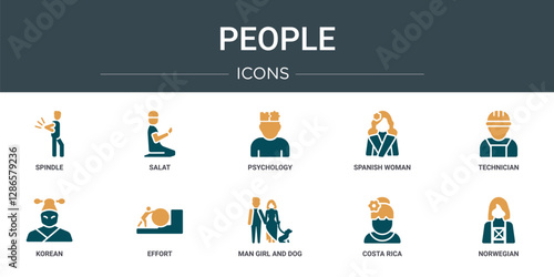 set of 10 outline web people icons such as spindle, salat, psychology, spanish woman, technician, korean, effort vector icons for report, presentation, diagram, web design, mobile app
