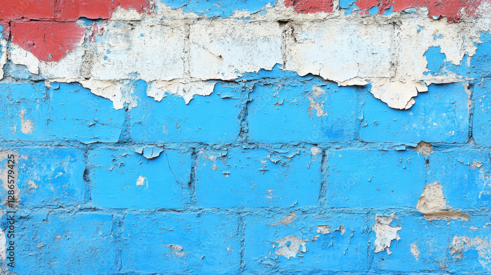 Faded blue wall with peeling paint and red accents, showcasing texture and color contrast Faded blue wall with peeling paint and red accents, showcasing texture and color contrast