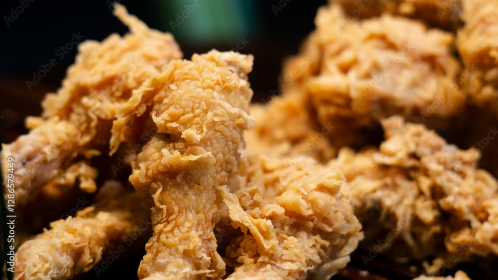 Close-up of hot, freshly fried chicken with a crispy golden texture, served at a street vendor's stall. The crunchy batter enhances its rich flavor Close-up of hot, freshly fried chicken with a crispy golden texture, served at a street vendor's stall. The crunchy batter enhances its rich flavor