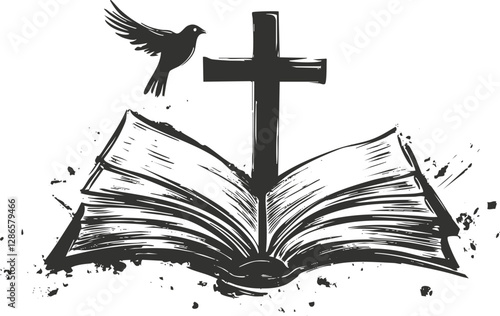 Black and white illustration of an open book with a cross and bird.