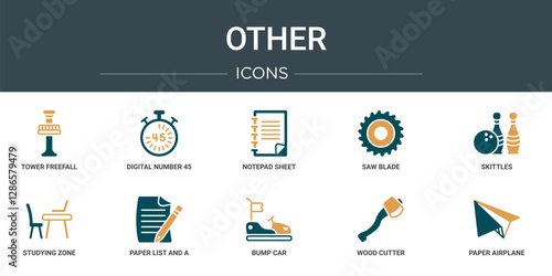 set of 10 outline web other icons such as tower freefall, digital number 45, notepad sheet, saw blade, skittles, studying zone, paper list and a pencil vector icons for report, presentation,