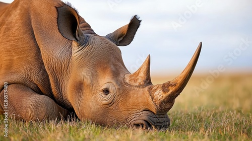 Rhinoceros resting in a grassy field photo