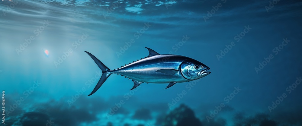 Fototapeta premium Tuna swimming ocean deep blue underwater.