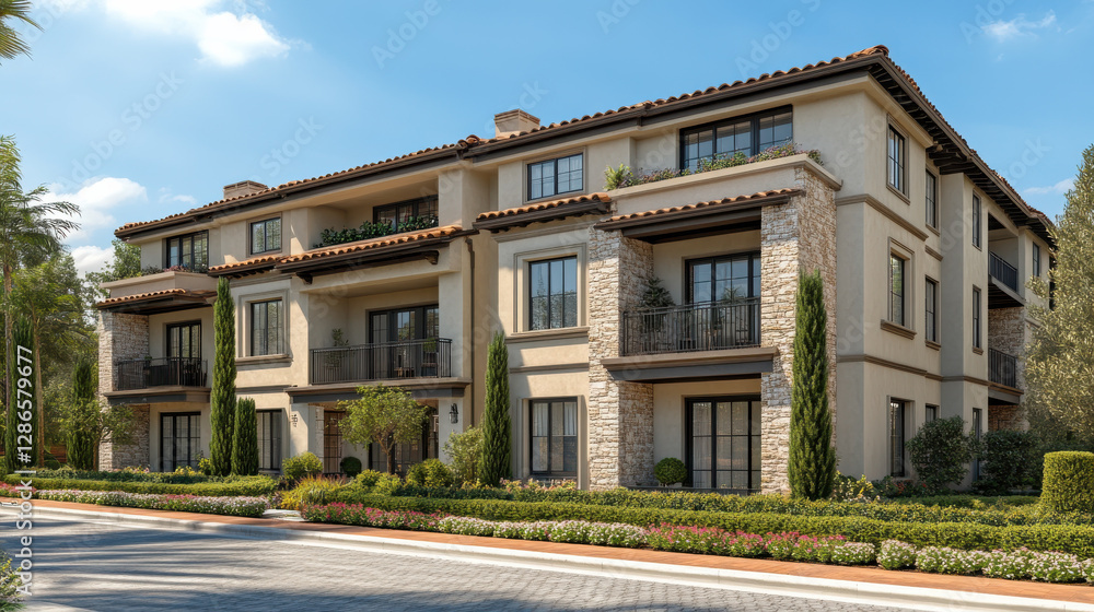 Modern residential building with landscaped gardens and balconies Modern residential building with landscaped gardens and balconies