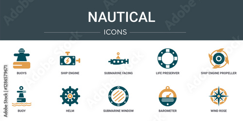 set of 10 outline web nautical icons such as buoys, ship engine, submarine facing right, life preserver, ship engine propeller, buoy, helm vector icons for report, presentation, diagram, web design,
