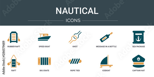set of 10 outline web nautical icons such as rubber raft, speed boat, knot, message in a bottle, sea package, raft, big crate vector icons for report, presentation, diagram, web design, mobile app