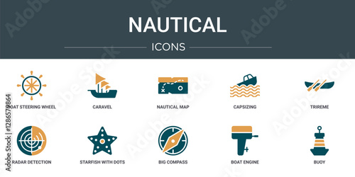 set of 10 outline web nautical icons such as boat steering wheel, caravel, nautical map, capsizing, trireme, radar detection, starfish with dots vector icons for report, presentation, diagram, web