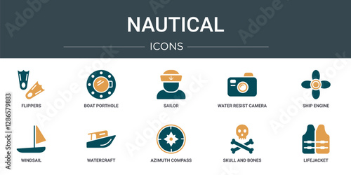set of 10 outline web nautical icons such as flippers, boat porthole, sailor, water resist camera, ship engine, windsail, watercraft vector icons for report, presentation, diagram, web design,