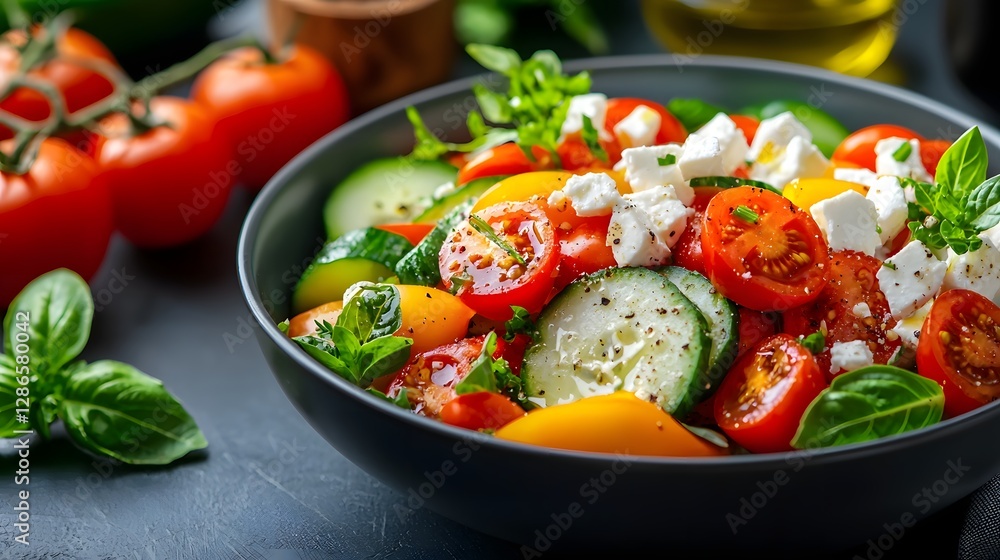 Healthy and Vibrant Summer Salad Bowl Filled with Fresh Cherry Tomatoes Cucumber Slices Feta Cheese and Drizzled with Flavorful Olive Oil Dressing Minimalistic Food Photography Healthy and Vibrant Summer Salad Bowl Filled with Fresh Cherry Tomatoes Cucumber Slices Feta Cheese and Drizzled with Flavorful Olive Oil Dressing Minimalistic Food Photography